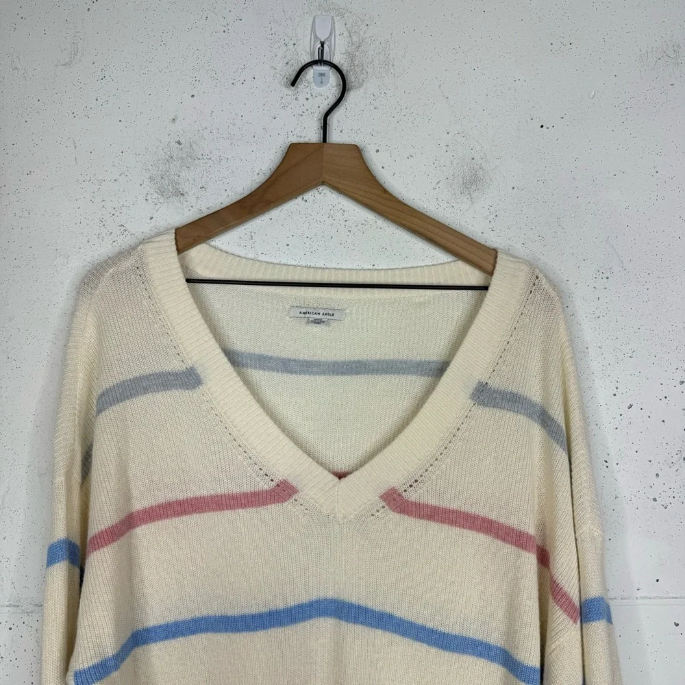American Eagle Deep V-Neck Striped Colorful Pullover Swater Med - Picture 2 of 7